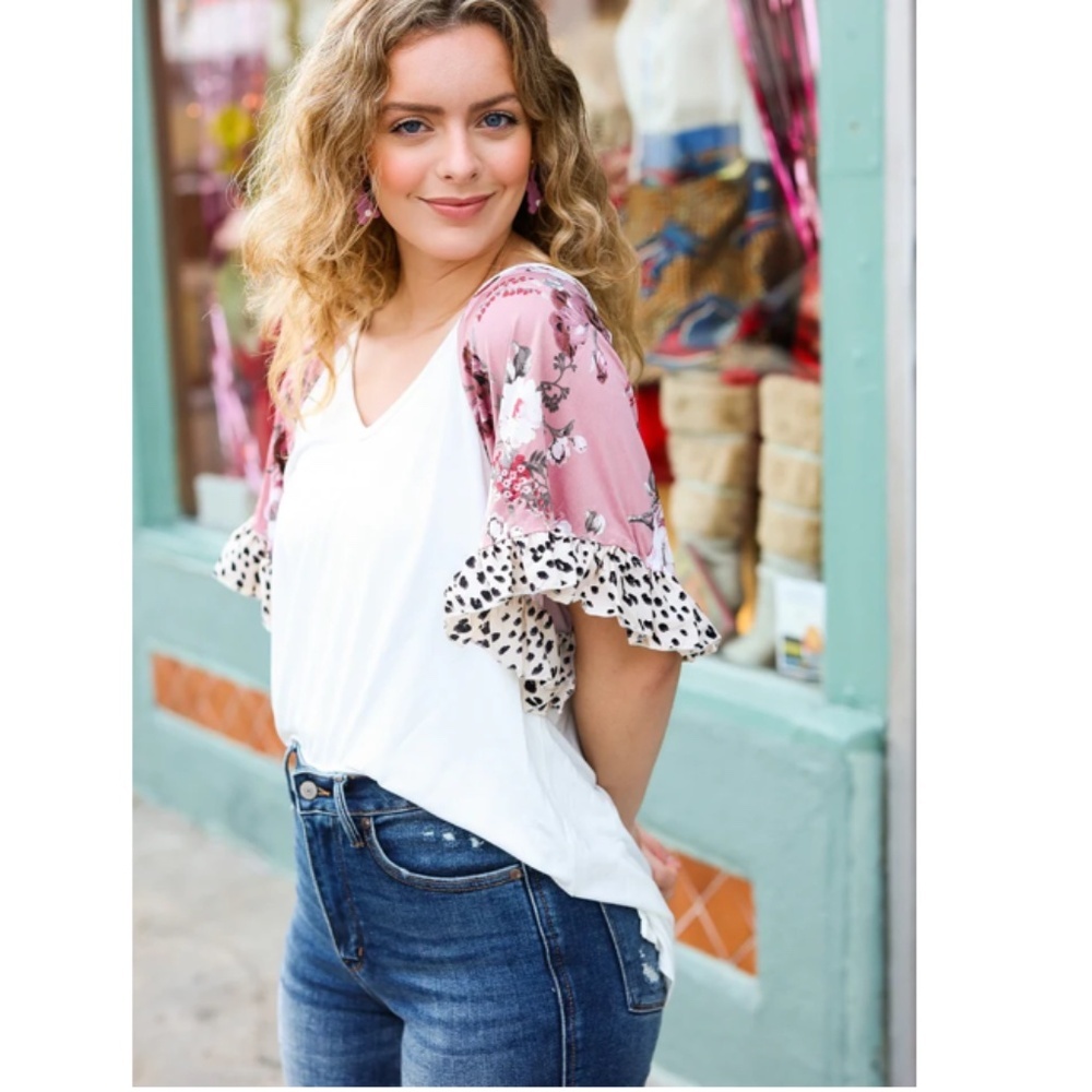 Floral and Leopard Sleeve Women's Top